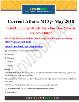 Current Affairs Mcqs May 2018 “Get Unlimited Mock Tests for One Year at Rs