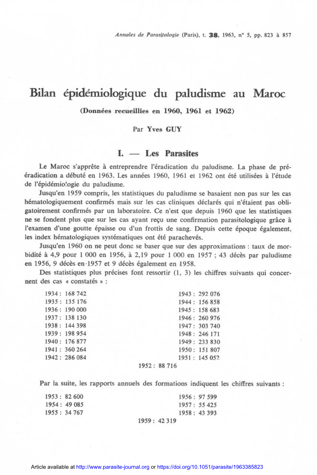 Bilan Épidémiologique Du Paludisme Au Maroc (Données Recueillies En 1960, 1961 Et 1962)