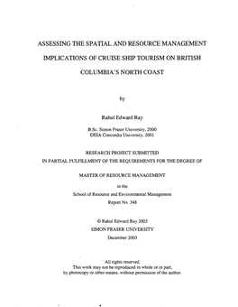 Assessing the Spatial and Resource Management Implications of Cruise Ship Tourism on British Columbia's North Coast