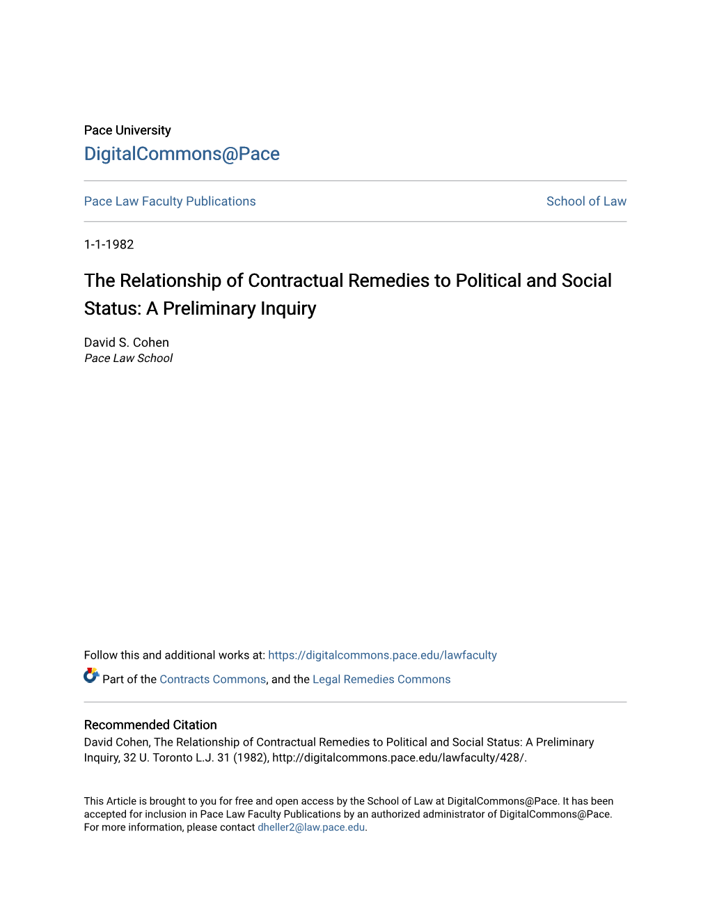 The Relationship of Contractual Remedies to Political and Social Status: a Preliminary Inquiry