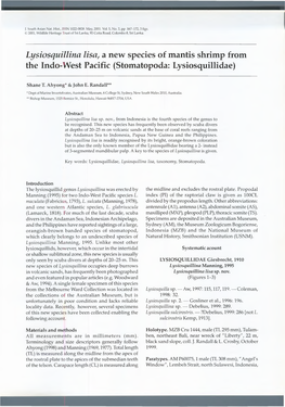 Lysiosquillina Lisa, a New Species of Mantis Shrimp from the Indo-West Pacific (Stomatopoda: Lysiosquillidae)