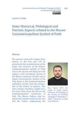 Some Historical, Philological and Patristic Aspects Related to the Nicene- Constantinopolitan Symbol of Faith