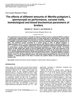 The Effects of Different Amounts of Mentha Pulegium L. (Pennyroyal) on Performance, Carcass Traits, Hematological and Blood Biochemical Parameters of Broilers