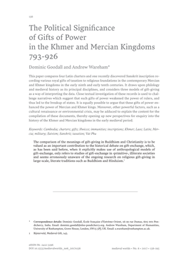 The Political Significance of Gifts of Power in the Khmer and Mercian Kingdoms 793-926