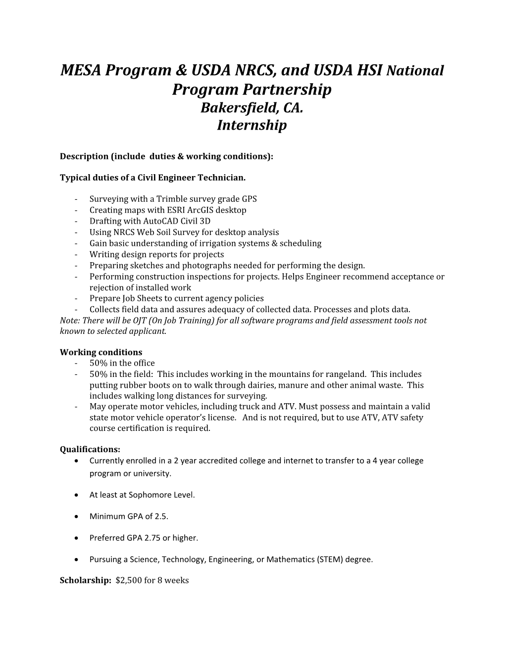 MESA Program & USDA NRCS, and USDA HSI National Program Partnership