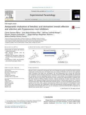 Antiparasitic Evaluation of Betulinic Acid Derivatives Reveals Effective and Selective Anti-Trypanosoma Cruzi Inhibitors