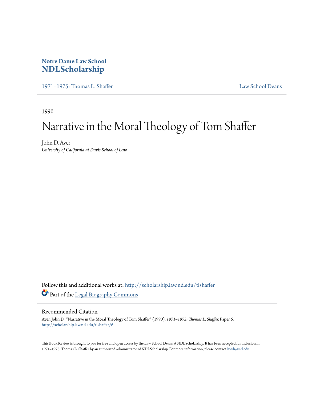 Narrative in the Moral Theology of Tom Shaffer John D