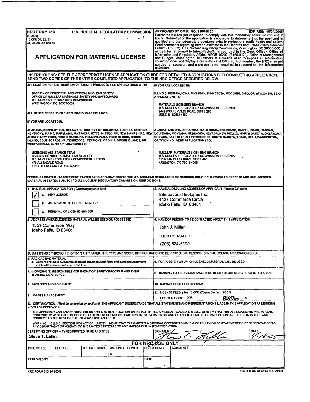 License Application for International Isotopes, Inc