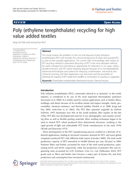 Poly (Ethylene Terephthalate) Recycling for High Value Added Textiles Sang Ho Park and Seong Hun Kim*