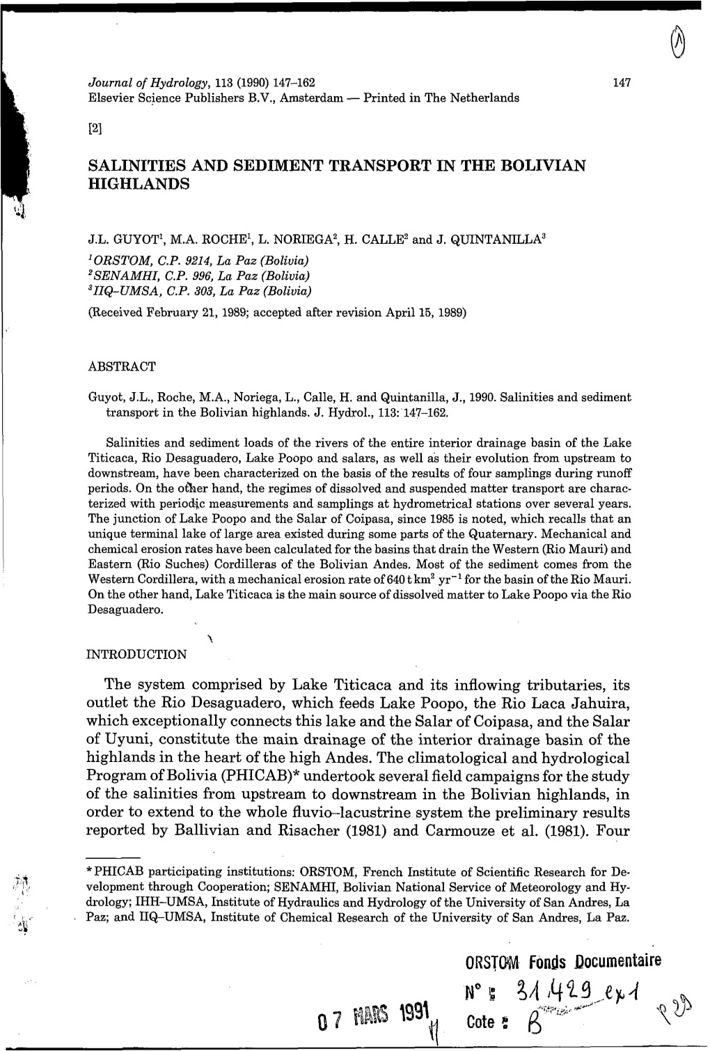 Salinities and Sediment Transport in the Bolivian Highlands