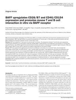 BAFF Upregulates CD28/B7 and CD40/CD154 Expression and Promotes Mouse T and B Cell Interaction in Vitro Via BAFF Receptor
