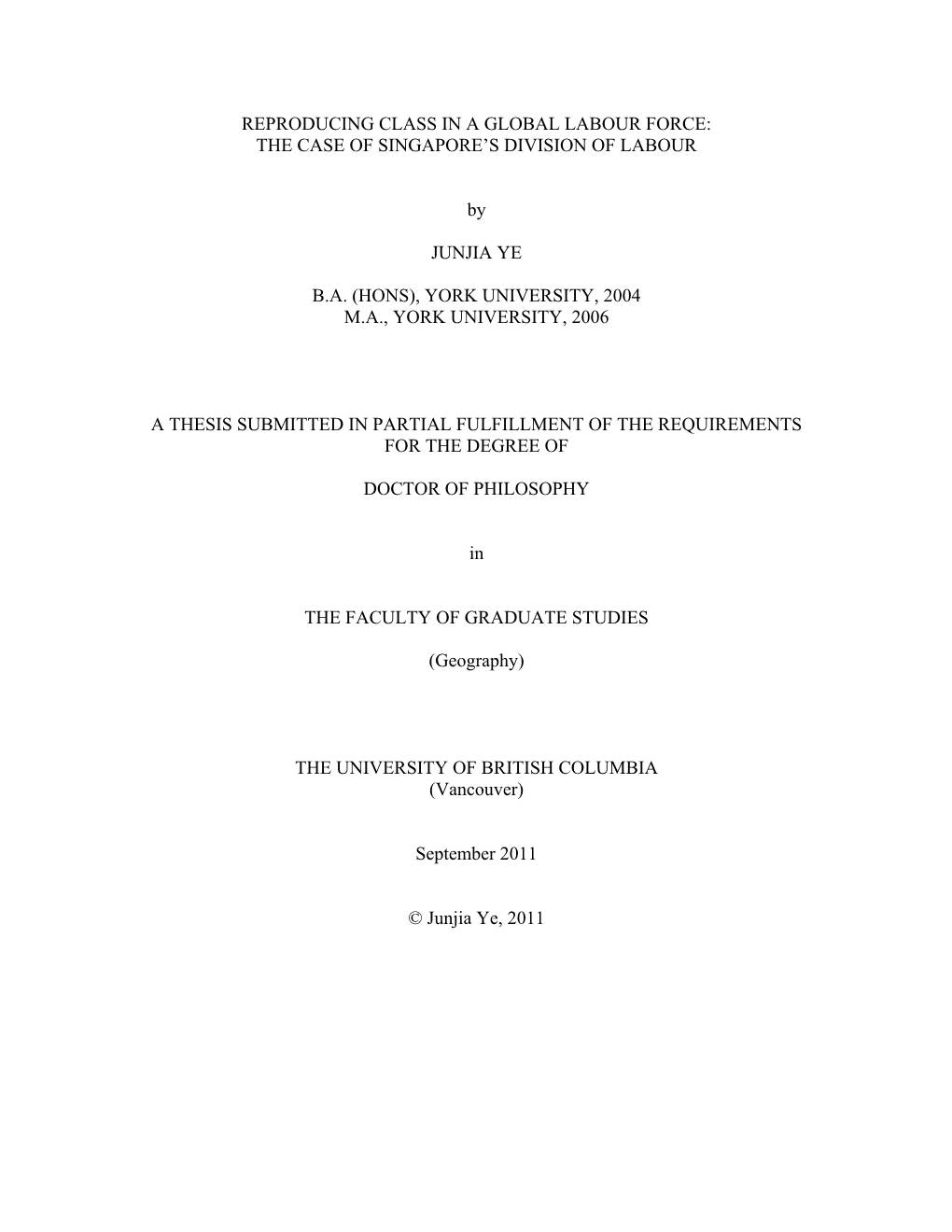 Reproducing Class in a Global Labour Force: the Case of Singapore’S Division of Labour