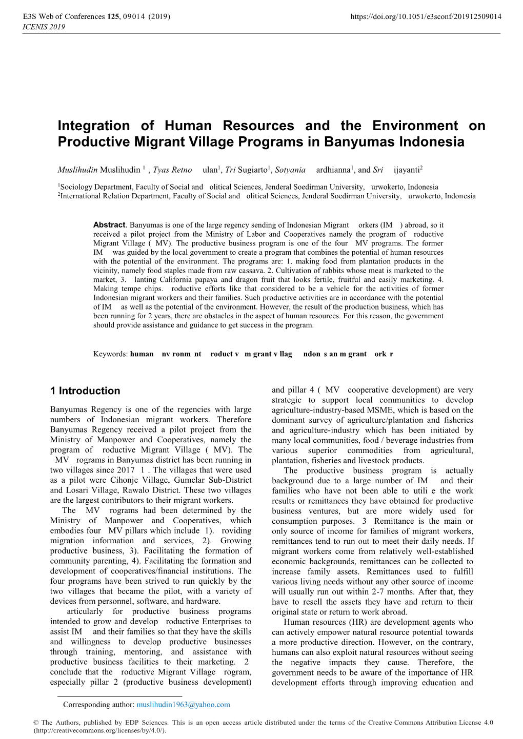 Integration of Human Resources and the Environment on Productive Migrant Village Programs in Banyumas Indonesia