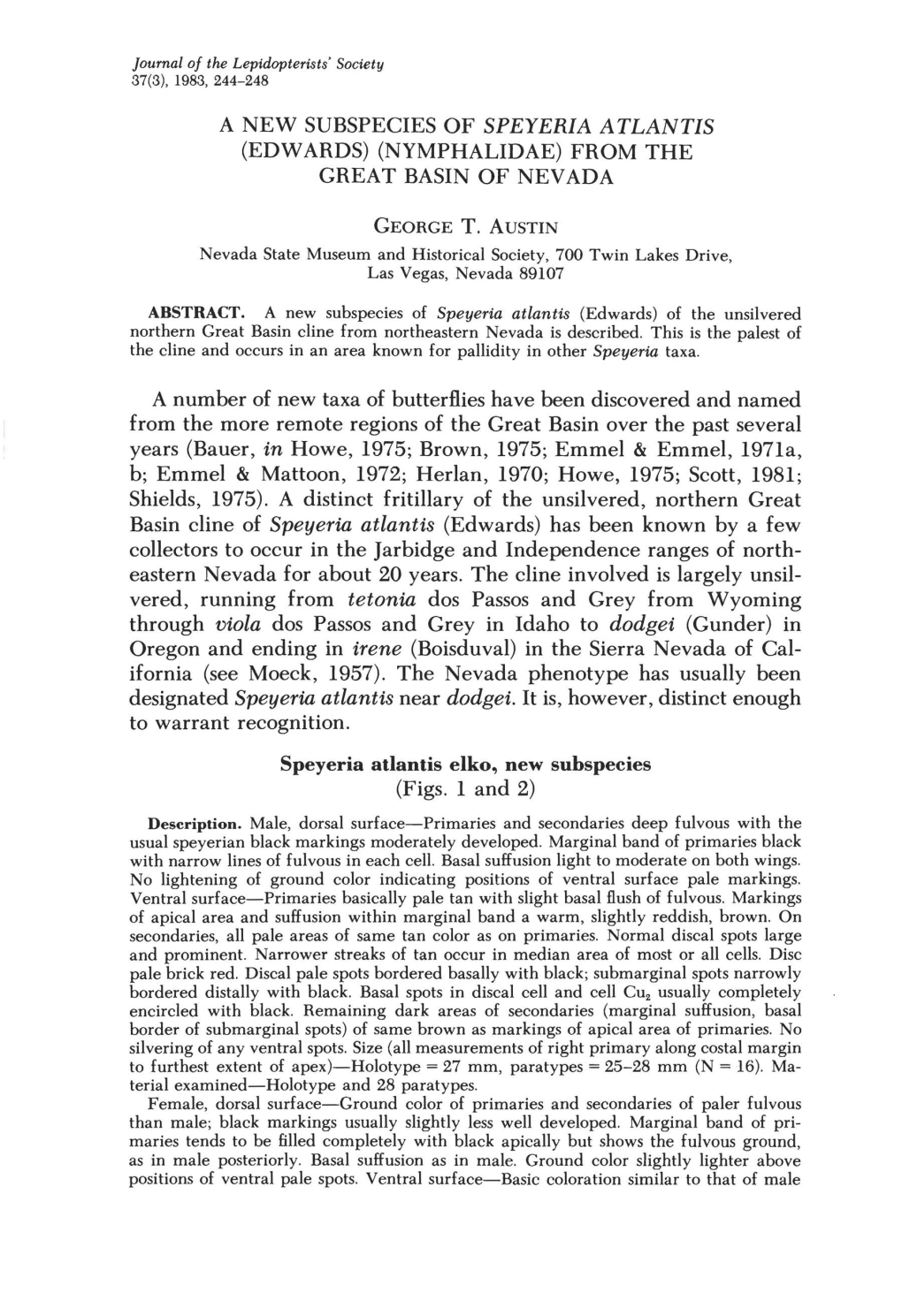 A New Subspecies of Speyeria Atlantis (Edwards) (Nymphalidae) from the Great Basin of Nevada