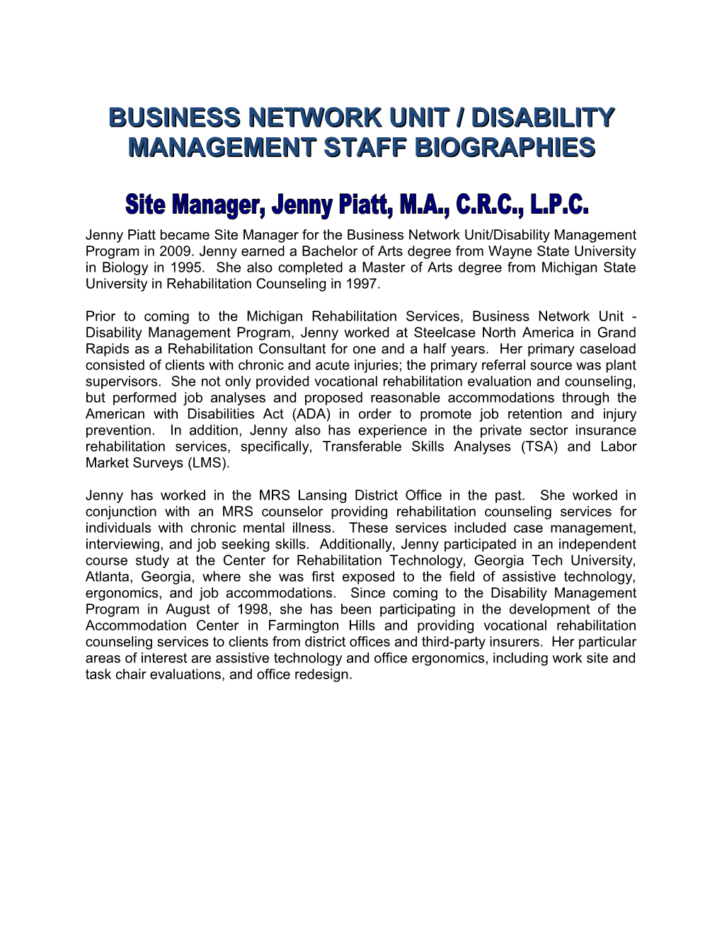 Business Network Unit / Disability Management Staff Biographies