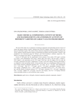 And Macroelements and Antioxidant Activity of Different Varieties of Garlic’S Leaves Polish Origin