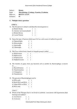 Microbiology, Cytology, Genetics, Evolution Paper No: BOT/IV/ CC/07 Semester : IV