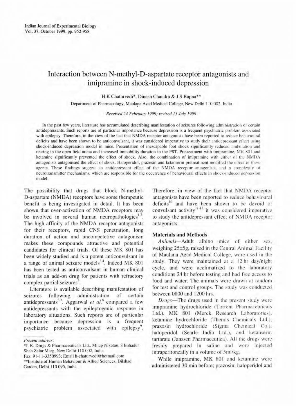 Interaction Between N-Methyl-D-Aspartate Recepto'r Antagonists and Imipramine in Shock-Induced Depression