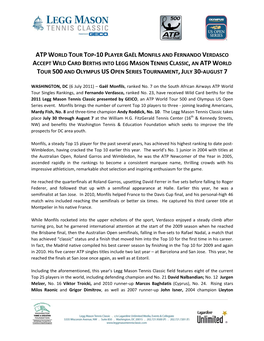 Atp World Tour Top-10Player Gaël Monfils and Fernando Verdasco Accept Wild Card Berths Into Legg Mason Tennis Classic,An Atp Wo