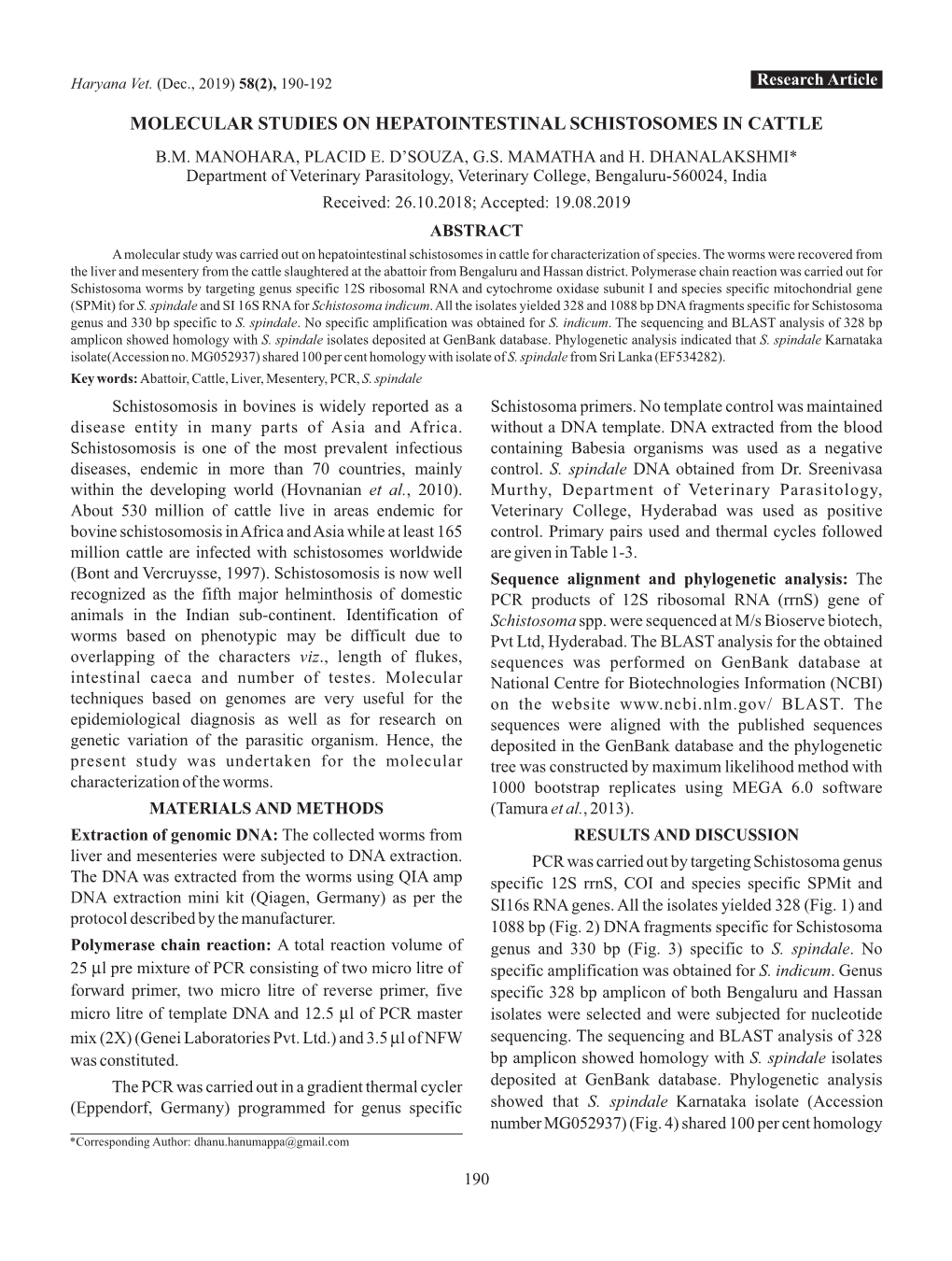 MOLECULAR STUDIES on HEPATOINTESTINAL SCHISTOSOMES in CATTLE of Schistosoma Blood Flukes B.M