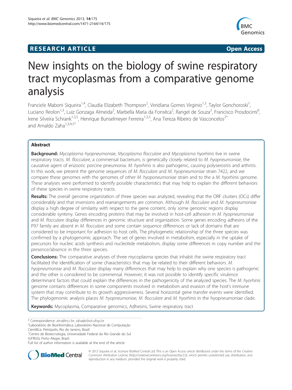 New Insights on the Biology of Swine Respiratory Tract Mycoplasmas From