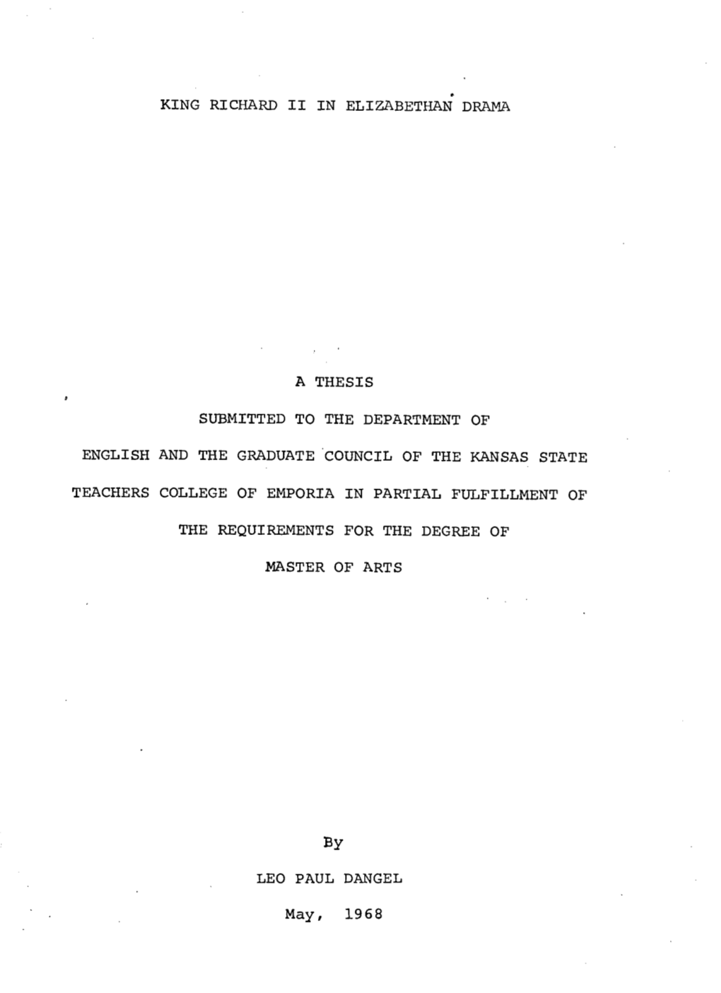 King Richard Ii in Elizabethan Drama a Thesis Submitted To