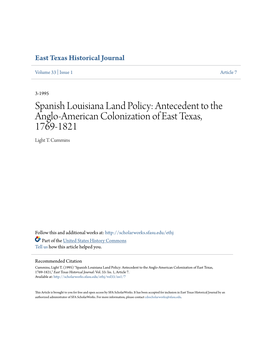 Spanish Louisiana Land Policy: Antecedent to the Anglo-American Colonization of East Texas, 1769-1821 Light T