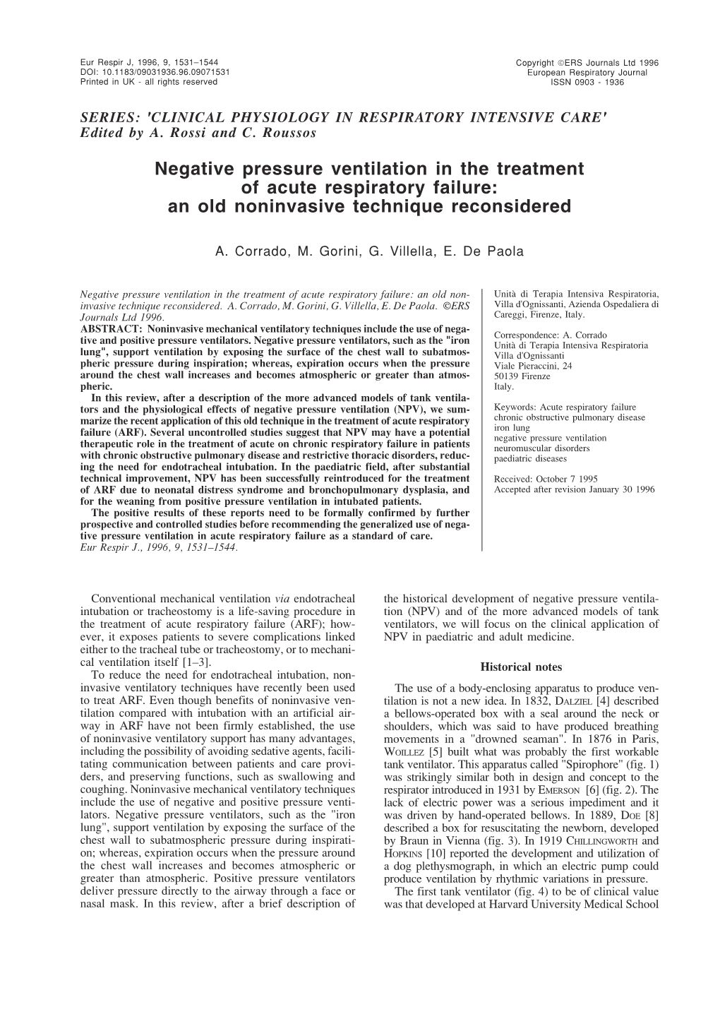 Negative Pressure Ventilation in the Treatment of Acute Respiratory Failure: an Old Noninvasive Technique Reconsidered