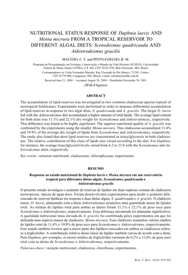 NUTRITIONAL STATUS RESPONSE of Daphnia Laevis and Moina