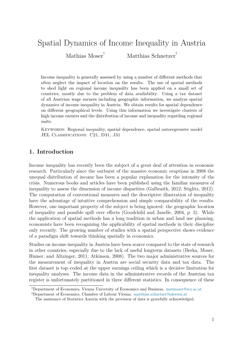 Spatial Dynamics of Income Inequality in Austria