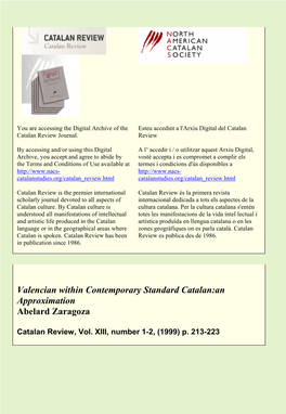 Valencian Within Contemporary Standard Catalan:An Approximation Abelard Zaragoza
