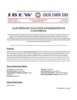 2018 Primary Election Endorsements California
