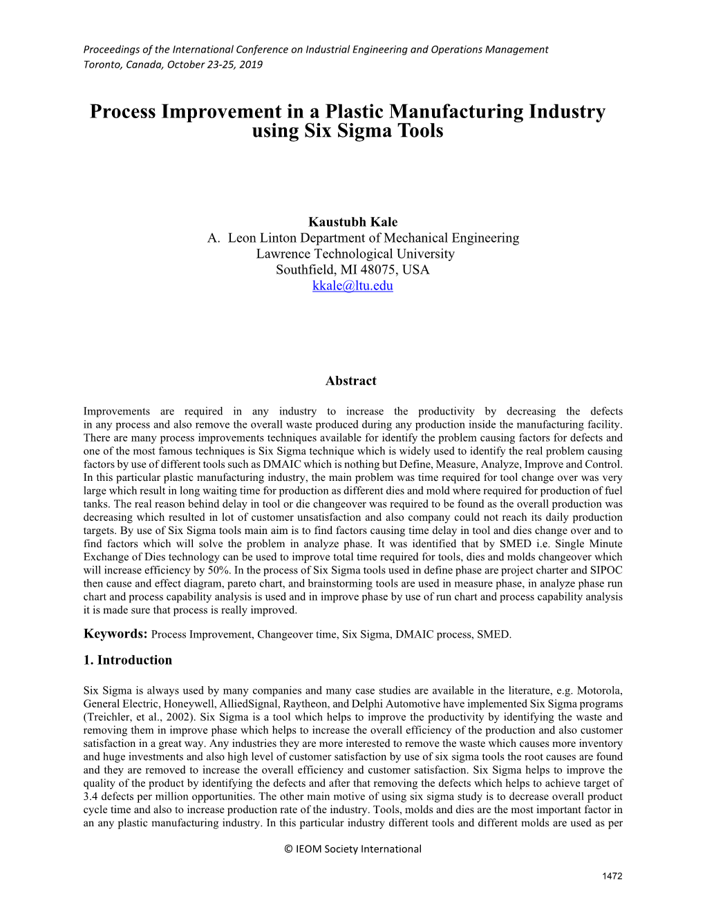 Process Improvement in a Plastic Manufacturing Industry Using Six Sigma Tools