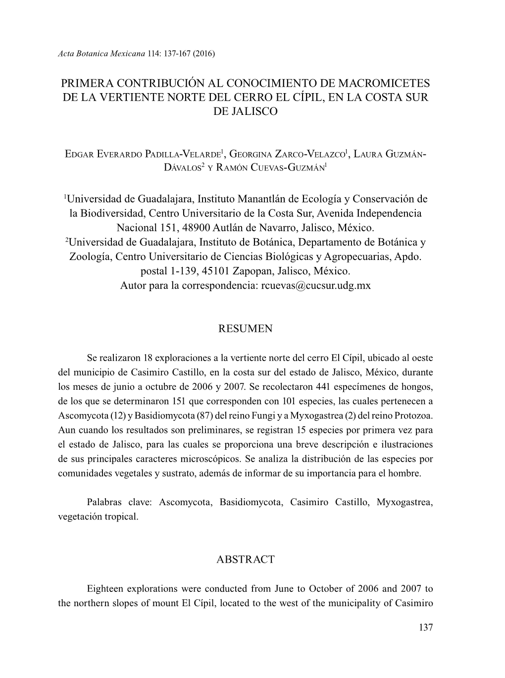 Primera Contribución Al Conocimiento De Macromicetes De La Vertiente Norte Del Cerro El Cípil, En La Costa Sur De Jalisco