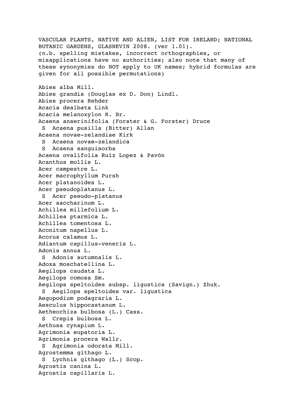 Vascular Plants, Native and Alien, List for Ireland; National Botanic Gardens, Glasnevin 2008