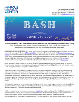 Marcus Center Broadway Bash 2021 Press Release