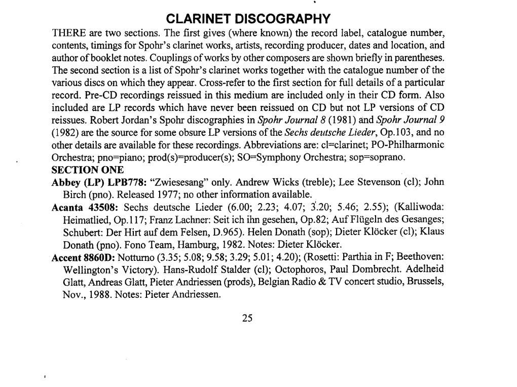 CLARINET DISCOGRAPHY THERE Are Two Sections