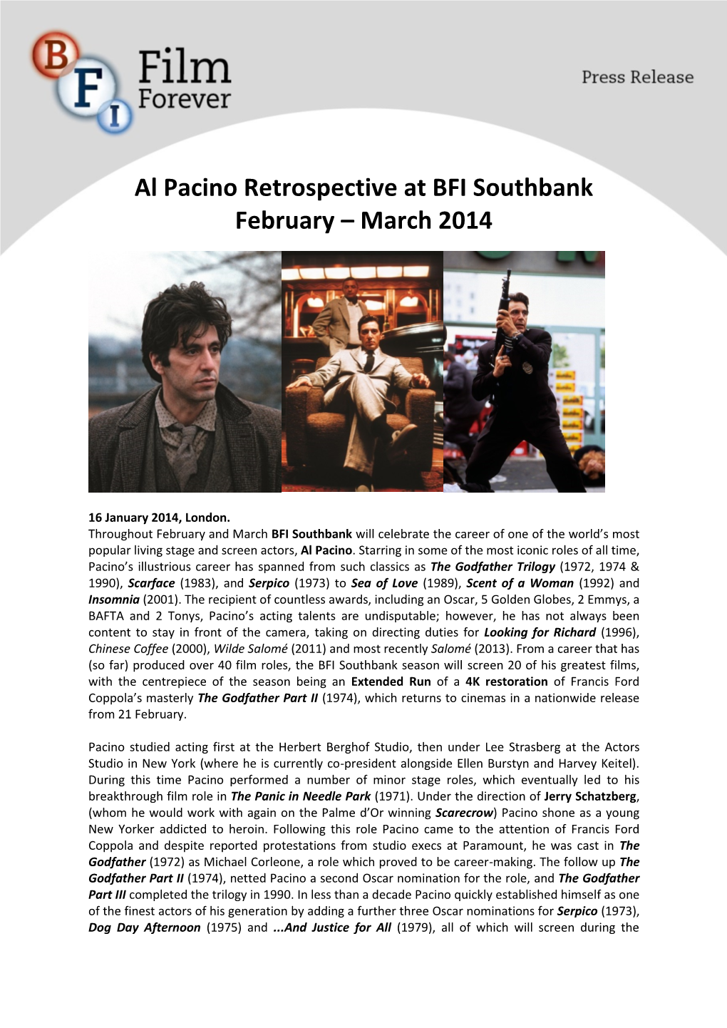 Al Pacino Retrospective at BFI Southbank February – March 2014