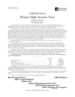 Pioneer High Income Trust Common Shares $15.00 Per Share