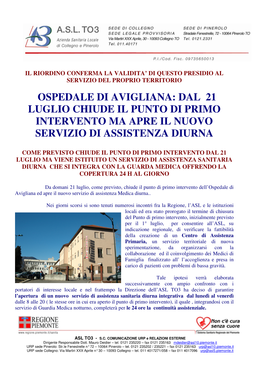 Ospedale Di Avigliana: Dal 21 Luglio Chiude Il Punto Di Primo Intervento Ma Apre Il Nuovo Servizio Di Assistenza Diurna