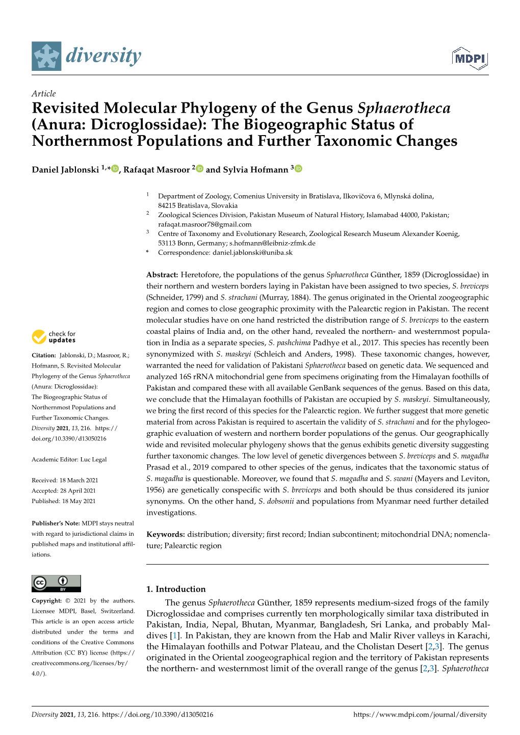 Revisited Molecular Phylogeny of the Genus Sphaerotheca (Anura: Dicroglossidae): the Biogeographic Status of Northernmost Populations and Further Taxonomic Changes