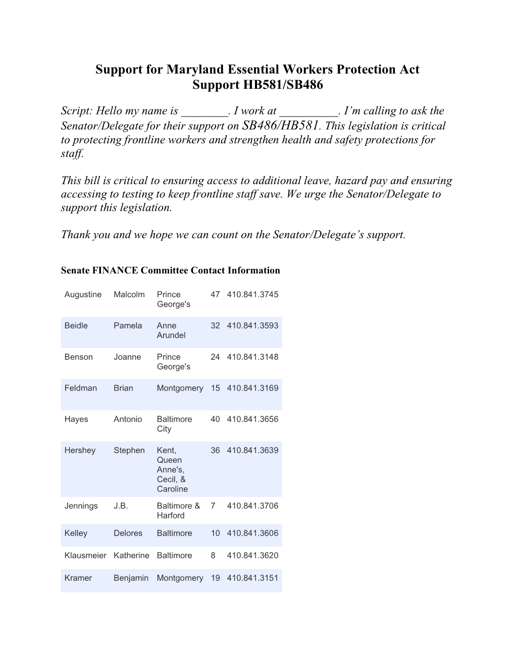 Support for Maryland Essential Workers Protection Act Support HB581/SB486