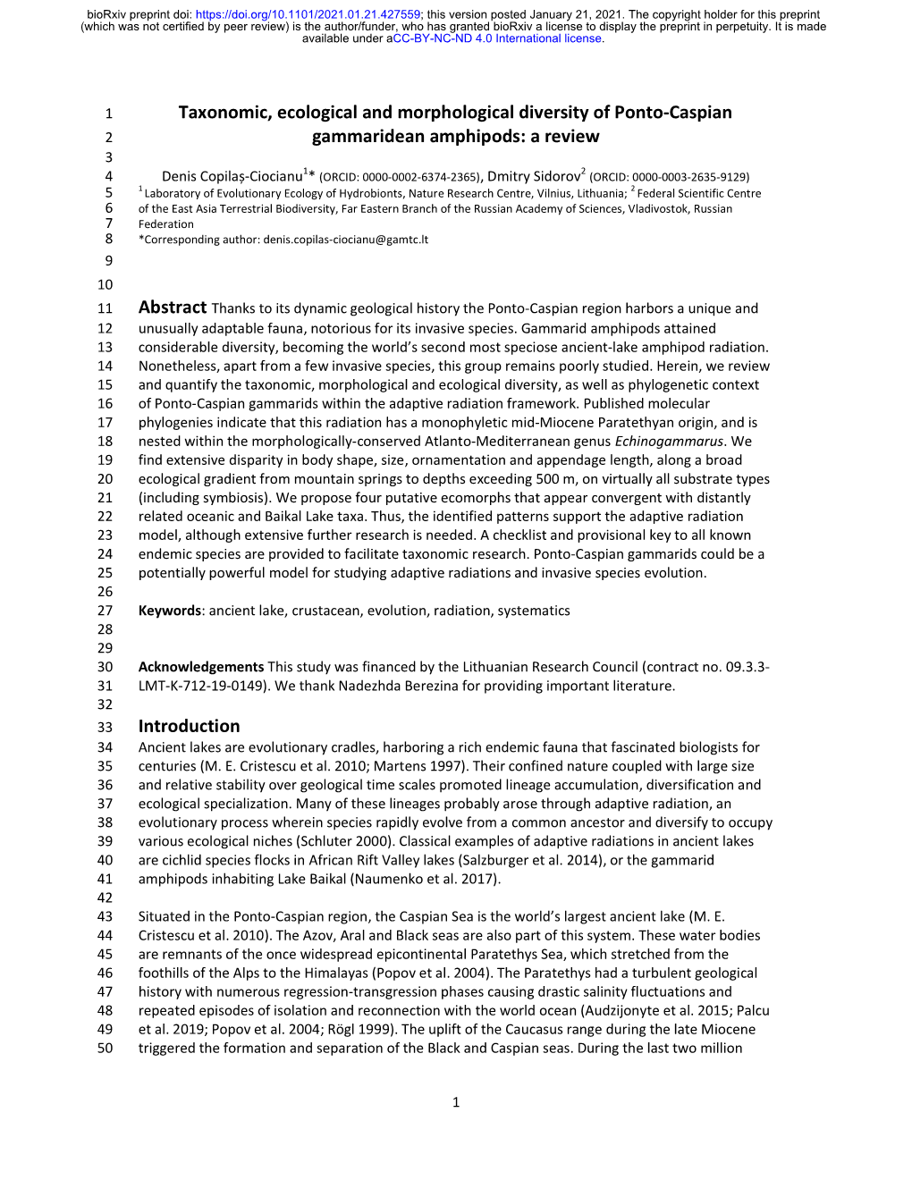 Taxonomic, Ecological and Morphological Diversity Of