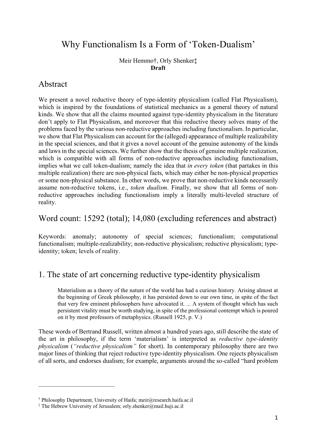 Why Functionalism Is a Form of 'Token-Dualism'