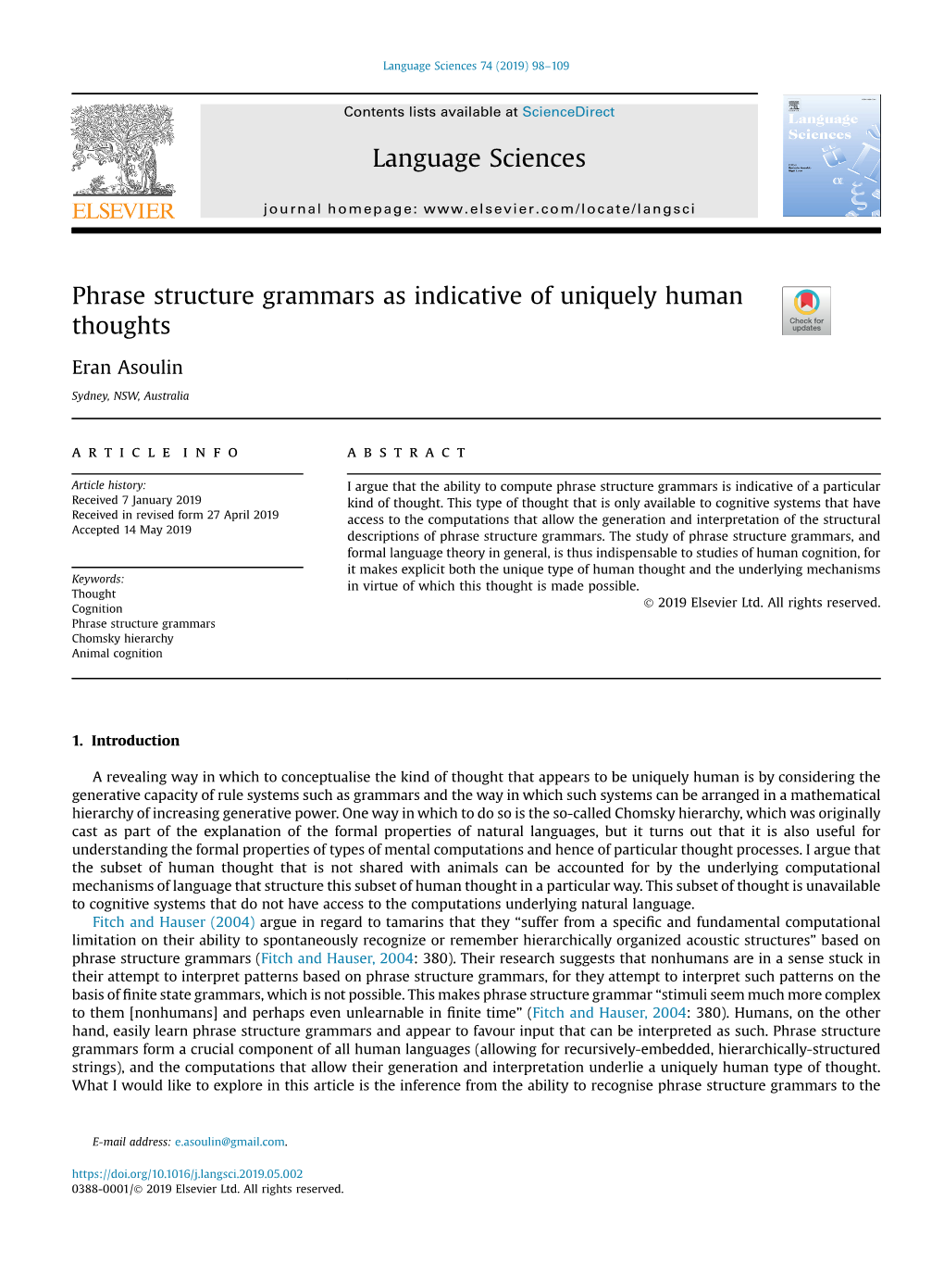 Phrase Structure Grammars As Indicative of Uniquely Human Thoughts