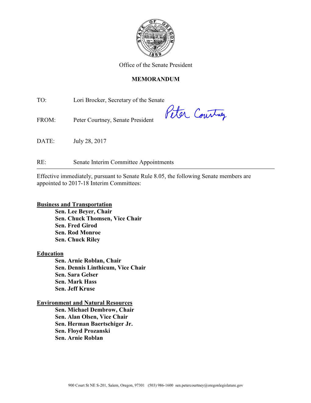 Senate Interim Committee Appointments