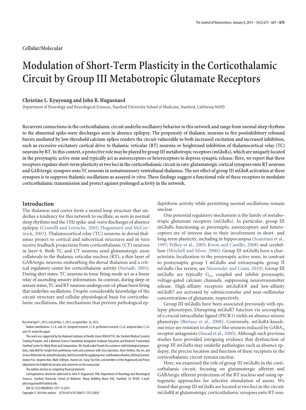 Modulation of Short-Term Plasticity in the Corticothalamic Circuit by Group III Metabotropic Glutamate Receptors