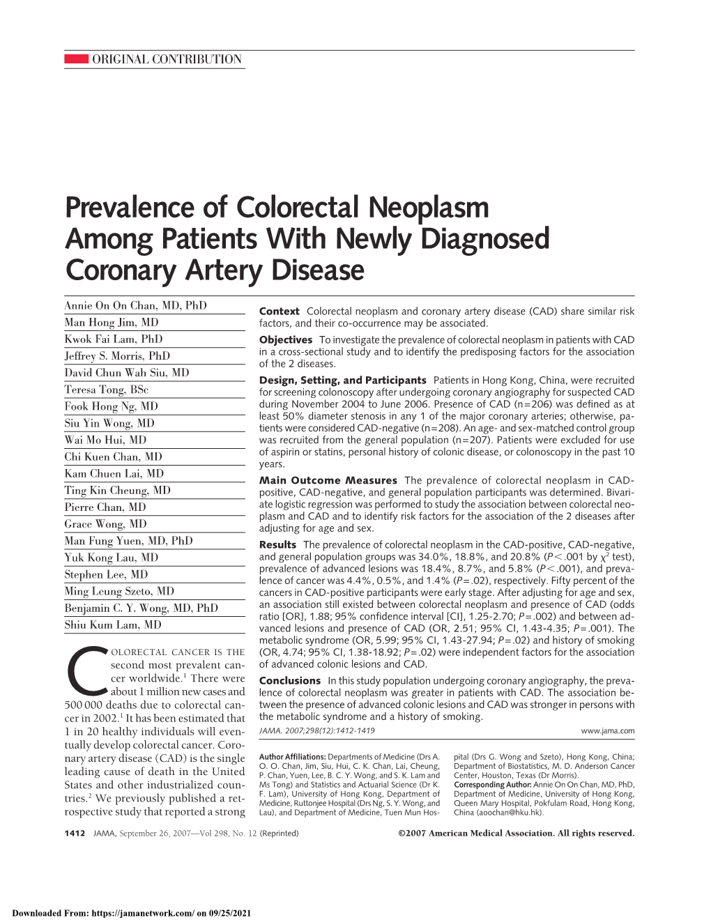 Prevalence of Colorectal Neoplasm Among Patients with Newly Diagnosed Coronary Artery Disease