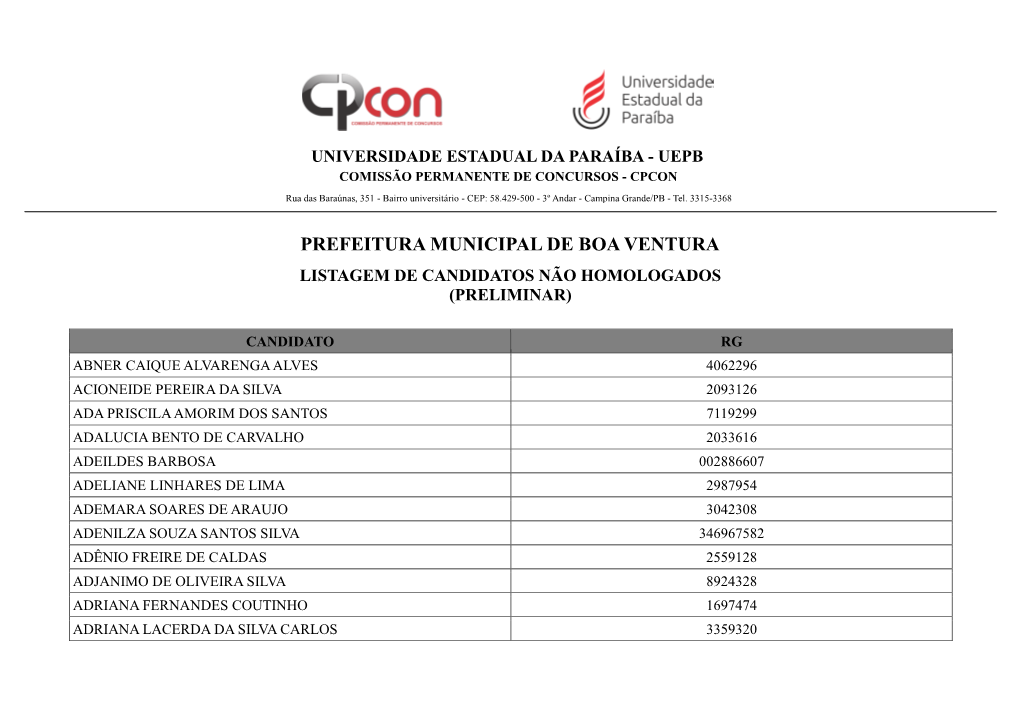 Prefeitura Municipal De Boa Ventura Listagem De Candidatos Não Homologados (Preliminar)