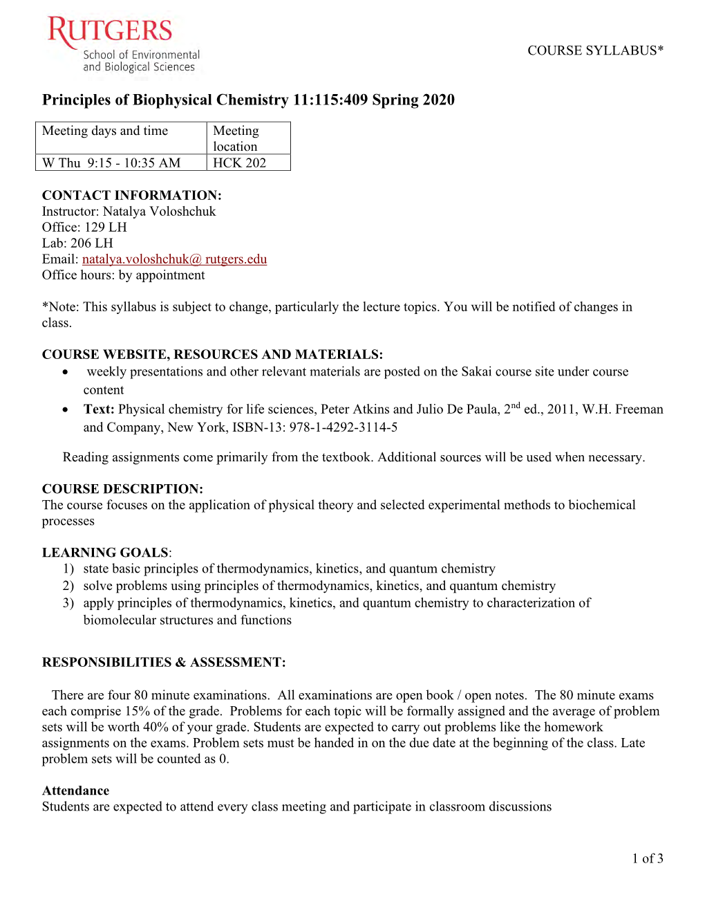 Principles of Biophysical Chemistry (11:115:409) Syllabus